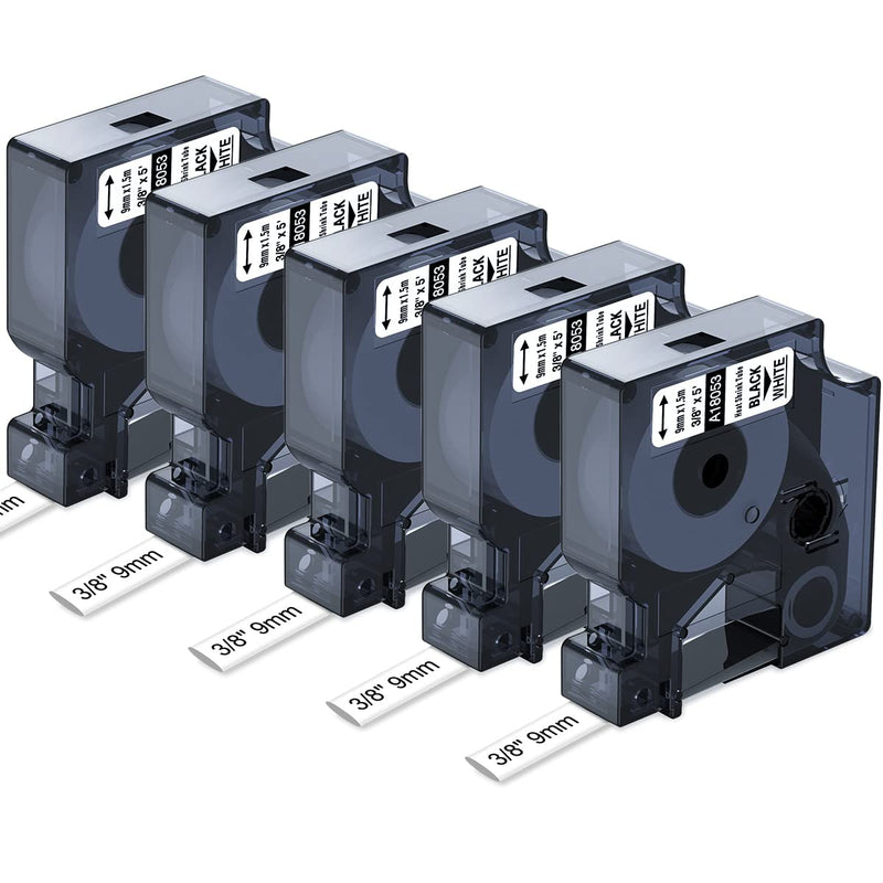[AUSTRALIA] - Rhino 5200 4200 5000 6000 3000 Label Tape Heat Shrink Labels 3/8" Replacement for Dymo Rhino 18053 Work with Rhinopro Industrial Label Maker Tape Refills, Black on White, 3/8" x 4.9',5-Pack 3/8'' 