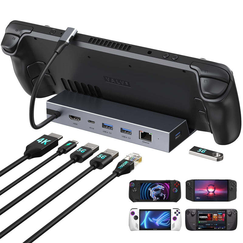 Steam Deck Dock 4K 60Hz, 6-in-1 Docking Station Compatible with Lenovo Legion Go, Steam Deck OLED, ASUS ROG Alloy, Steam Deck Accessories with 3 USB-A 3.0, 100W PD, 1000M RJ45, Aluminum Alloy Shell Grey 6 IN 1 Steam Deck Dock(HDMI)