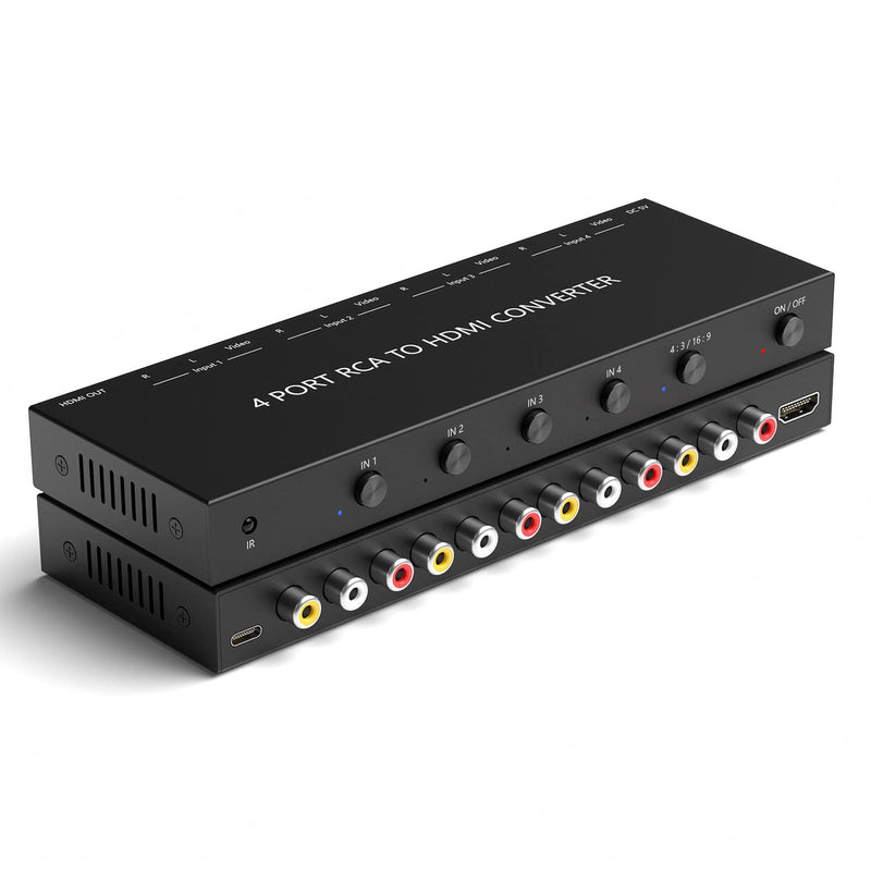 [AUSTRALIA] - 4 Port RCA to HDMI Converter 1080P/720P RCA Composite CVBS AV Switch to HDMI Converter Adapter Support 4:3/16:9 Switch, for Sega Xbox PS1 PS2 PS3 N64 NGC SNES WII VHS VCR Camera DVD(With Remote） 4 Way RCA Converter 
