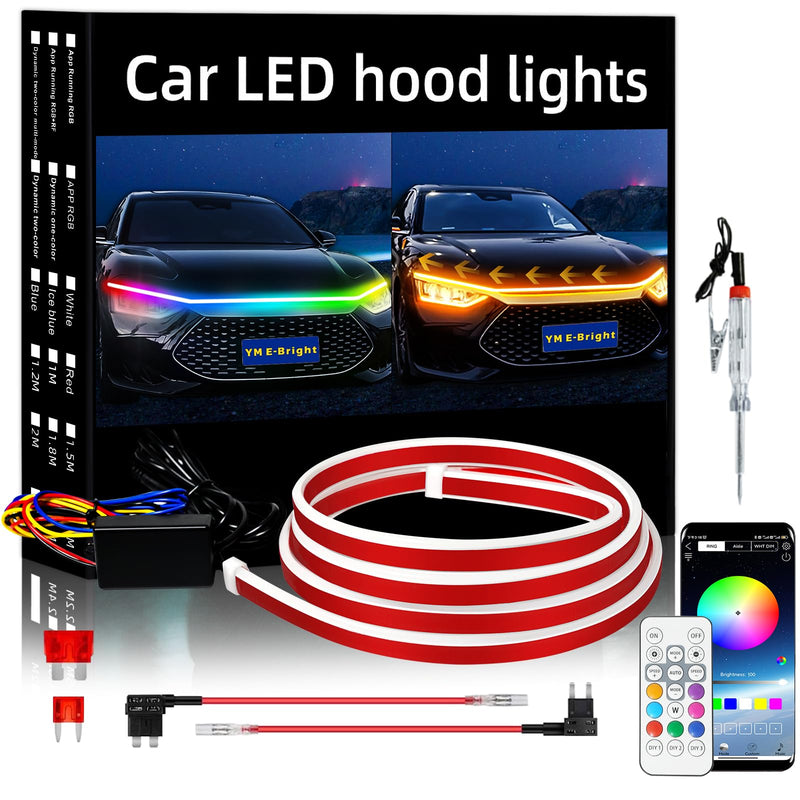[AUSTRALIA] - YM E-Bright Car Led Lights Exterior RGB Hood Light Strip Waterproof Multicolor Dynamic Scan Start Up Hoodbeam Kit with Turn Signal Function for Cars,Truck, SUV, APP Remote Control, 12V 59inch Dynamic Multicolor 59 inches 