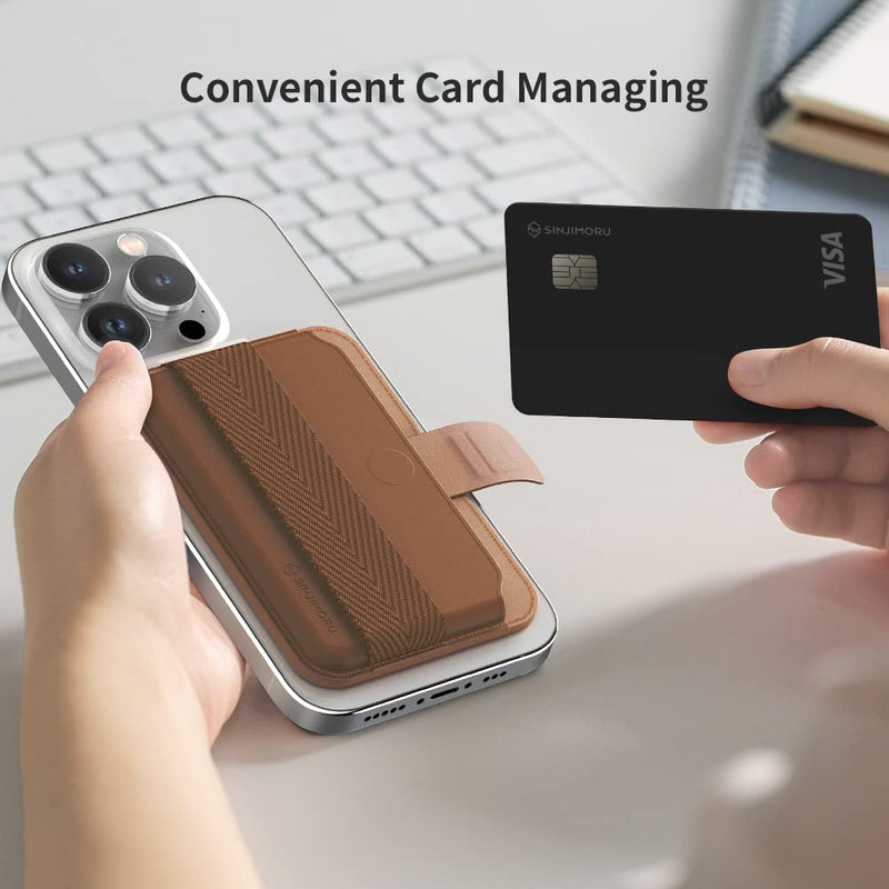Sinjimoru Comb-Pattern Phone Grip Wallet, Vegan Leather Magnetic Cell Phone Card Holder Wool Band Strap as Credit Card Case Compatible With iPhone 15 14 13 12 Series. M-Pull Tab Band Black