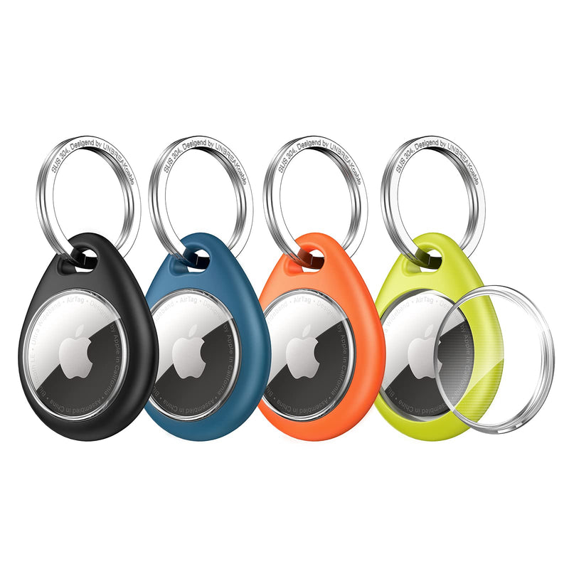 UNBREAKcable Apple AirTag Holder - 4 Pack [Fit Tightly Design] [Easy to Install] [Hold Air Tag Securely] Waterproof TPU Shell Protective Case with 304 Stainless Steel Keychain Key Ring Black&Blue&Orange&Green