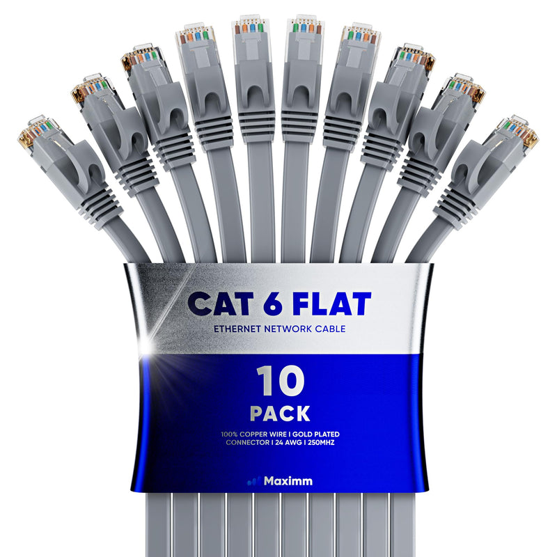 Maximm Cat 6 Ethernet Cable, 15 Ft, Gray, 10 Pack, Flat Patch Cord RJ45 15 Feet