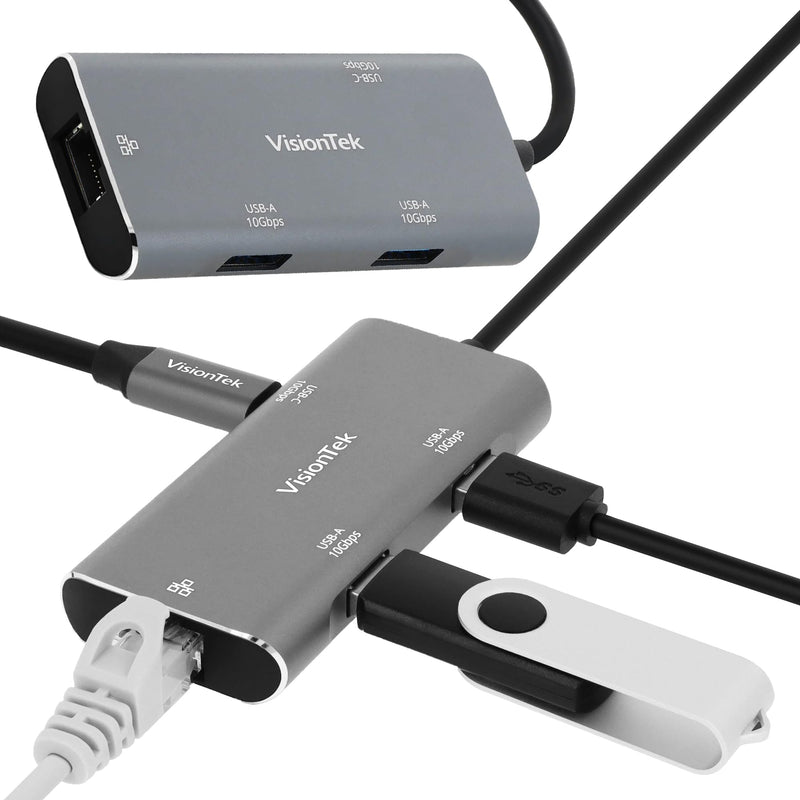 VisionTek USB-C Hub, 3-Port, Gigabit Ethernet Adapter, 10Gbps USB-C & USB-A | Plug and Play, 10Gbps 3-Port USB C Hub, 1x USB-C & 2x USB-A Data Adapter, Driverless Dongle for MacBook, Laptop & PC
