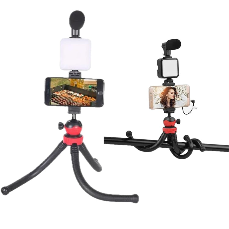 Flexi Smartphone Vlogging kit, for Apple & Android, includes USB-C & iPhone Lightning Cable, YouTube Starter Kit, Podcast Equipment, Tripod, Shotgun Mic, led Light, Phone Holder