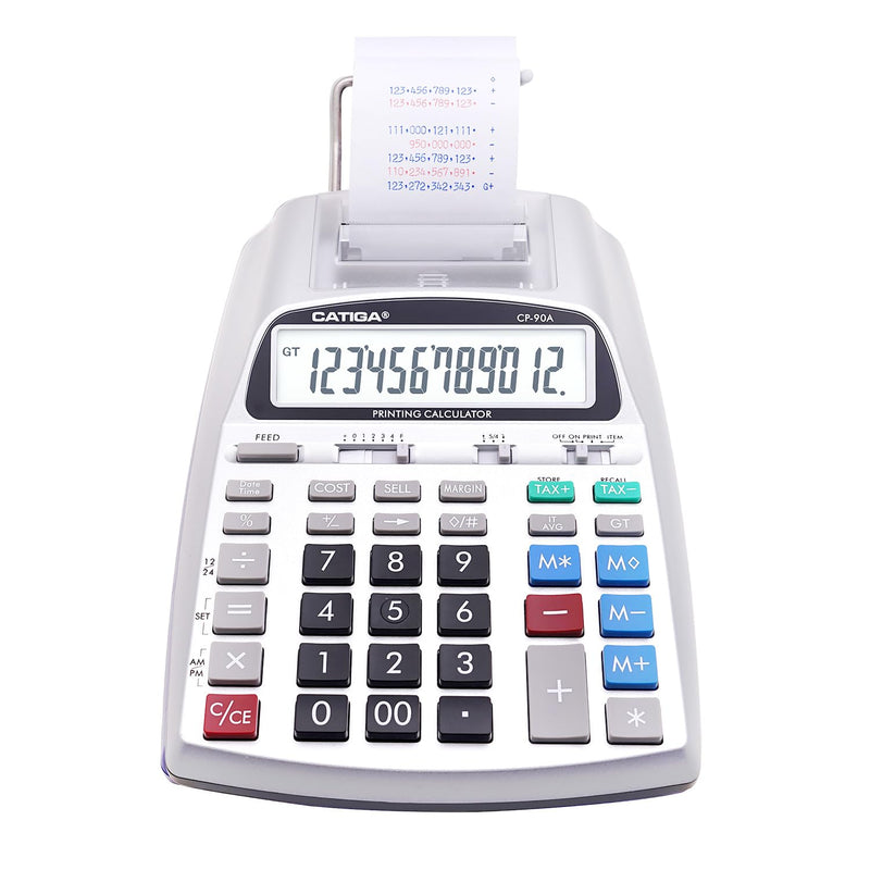 CATIGA Printing Calculator with Tape Print Out - 10 Key Adding Machine with Paper Roll, Desktop Electric Calculator for Accounting, Business, Finance, Home Office Use CP90A 3) Silver Pro