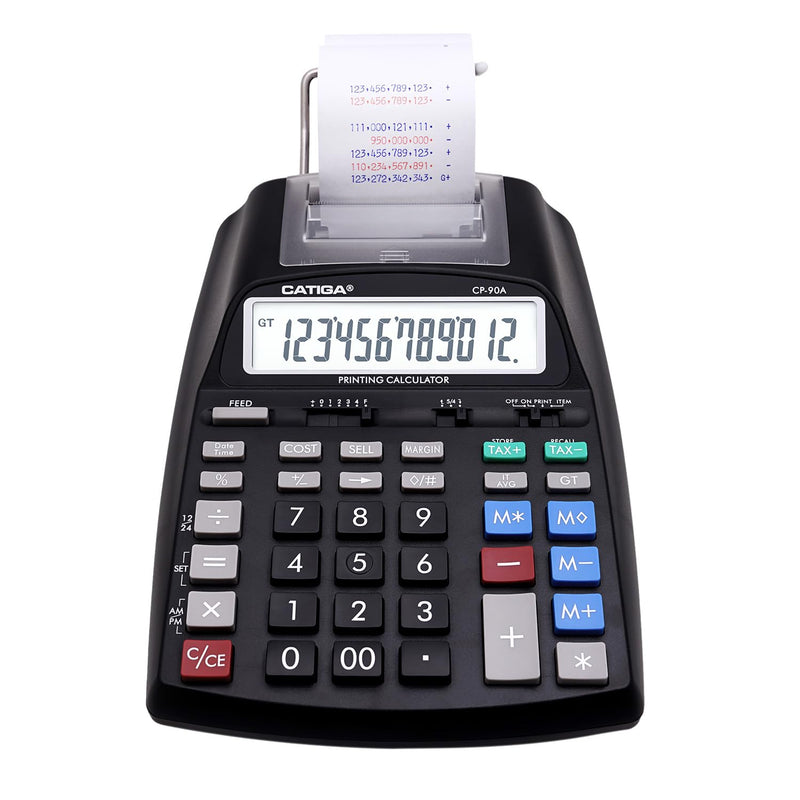 CATIGA Printing Calculator with Tape Print Out - 10 Key Adding Machine with Paper Roll, Desktop Electric Calculator for Accounting, Business, Finance, Home Office Use CP90A 1) Black Pro