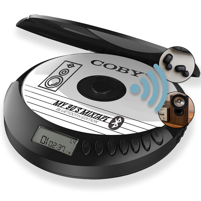 Coby CD Player Portable CD Player with Bluetooth, Earbuds, FM, AUX, MP3 Anti-Skip Compact Discman | Rechargeable, Lightweight CD Player for Car, Home