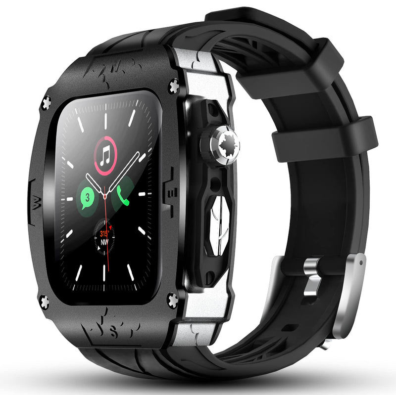 Luxury Metal Case for Apple Watch 9 8 7 45mm 6 44mm Band with Cover Heavy Duty Rugged Case Silicon Strap for men iWatch 6 5 4 SE 44mm Full Protective Cover (Black-Silver) Black-Silver 44/45