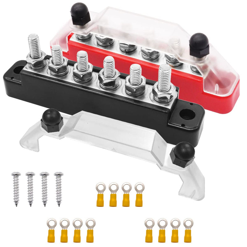 (Red+Black) Power Distribution Terminal Block with Cover with 6 x 1/4” (M6) Post,Battery 12V Bus Bar with Ring Terminals for Car Boat Marine O-078-mini 150A 6 x 1/4" (M6)-mini