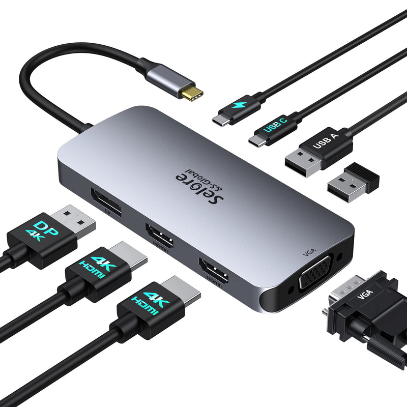USB C Docking Station Dual HDMI Monitor Adapter, Selore USB C Hub 3 Monitors Adapter with Dual HDMI, Displayport, VGA, 100W PD Charging, 2USB A 2.0,USB C 2.0 Ports Adapter for Dell XPS,HP, Lenovo,etc Gray+PD