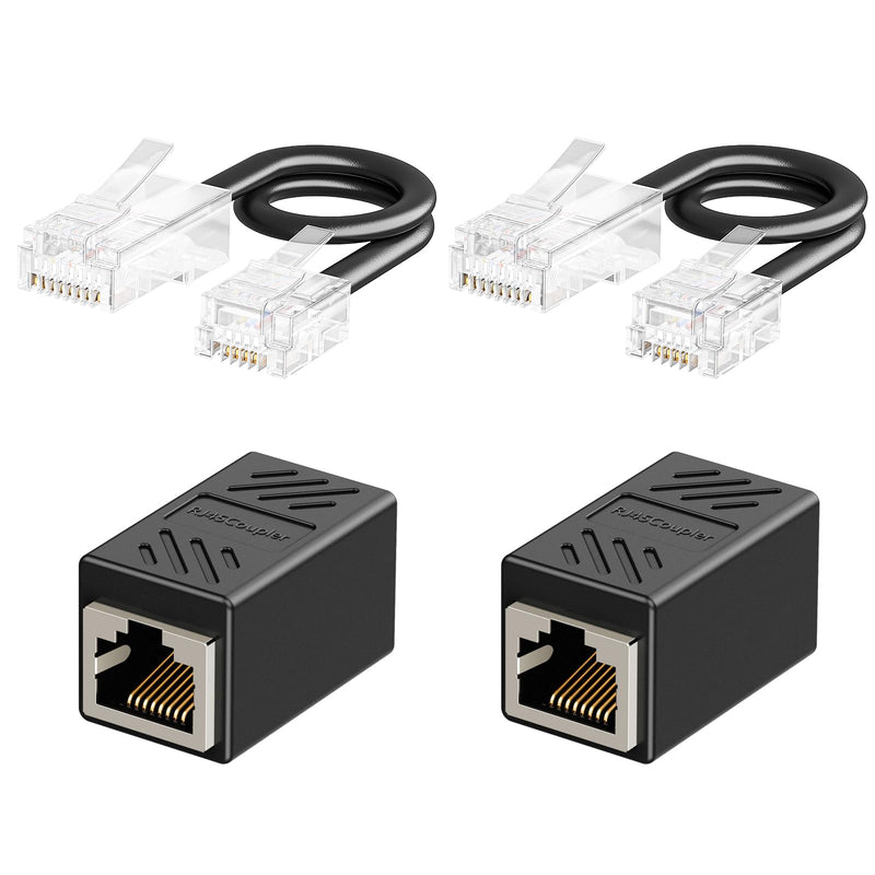 Uvital Phone Jack to Ethernet Adapter, RJ11 to RJ45 Adapter, RJ45 Female to RJ11 Male for Landline Telephone, with RJ45 to RJ11 Cable (Black,2 Pack) 2 pcs RJ45 Coupler+2 pcs RJ45 to RJ11 Cable-Black