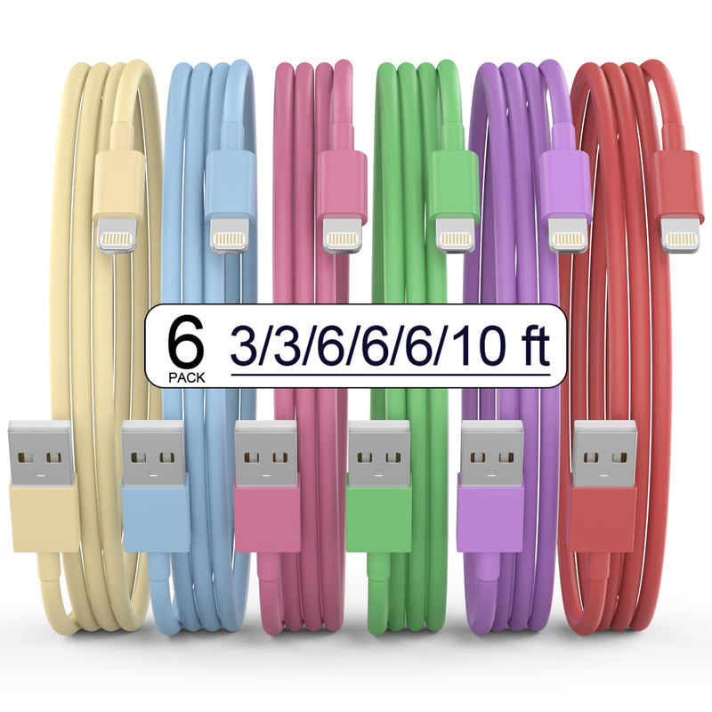 [AUSTRALIA] - [Apple MFi Certified] iPhone Charger, 6Pack(3/3/6/6/6/10 FT) Lightning Cable Apple Charging Cable Fast Charging High Speed USB Cable Compatible iPhone 14/13/12/11 Pro Max/XS MAX/XR/XS/X/8-multicolor 