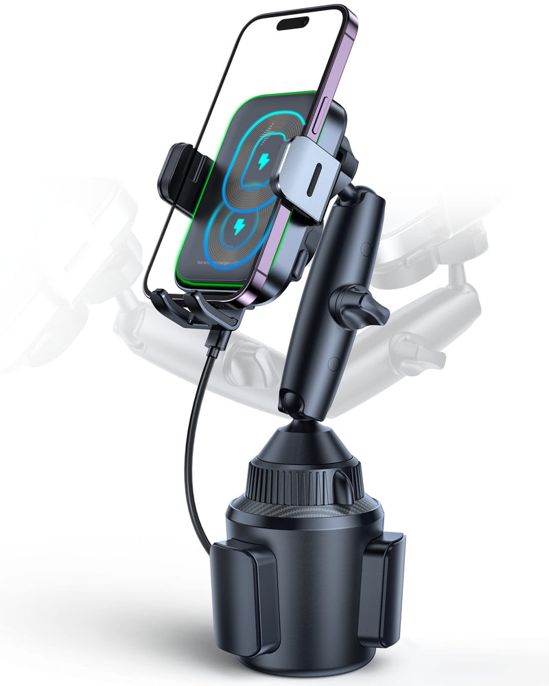 APPS2Car 15W Wireless Car Charger Cup Holder, Dual Coil, Auto Clamping | Tri-Pivots Height Adjustable Fast Charge Phone Wireless Charging Mount for Cars SUVs Trucks, for iPhone 12-17, Samsung, etc.
