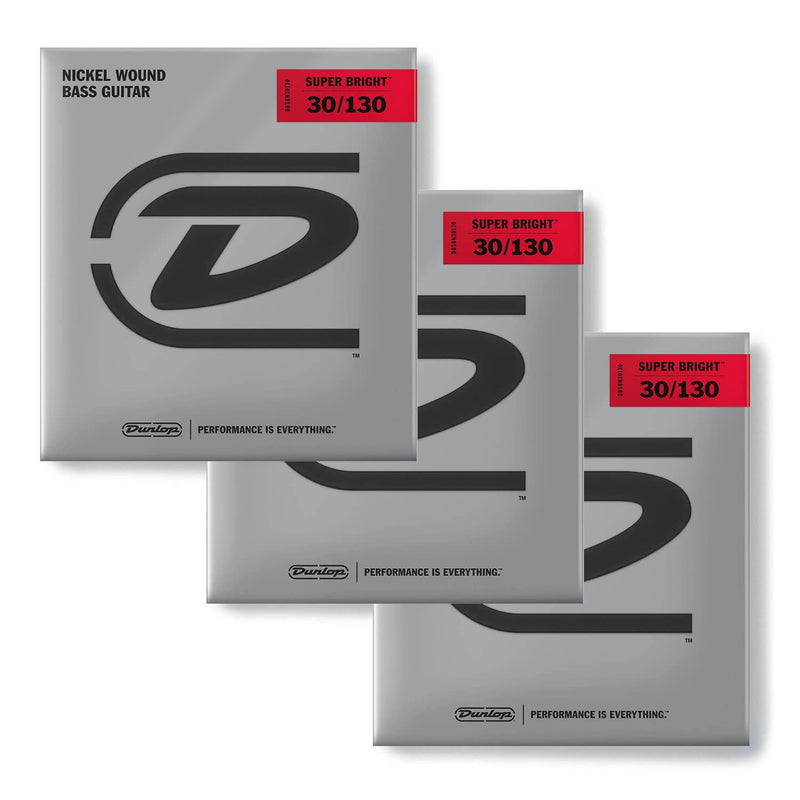Dunlop DBSBN30130 Super Bright Bass Strings - Nickel Wound - Medium, .030-.130, 6 Strings/Set (3 Pack)