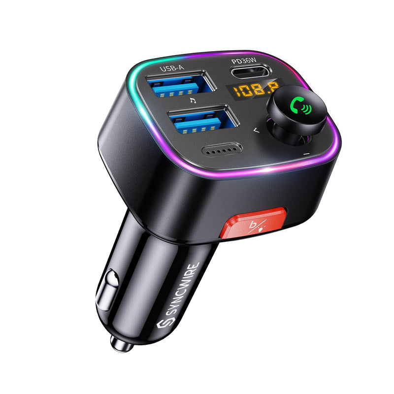 [AUSTRALIA] - Syncwire Bluetooth 5.4 FM Transmitter Car Adapter 48W (PD 36W & 12W) [Light Switch] [HiFi Bass Sound] [Fast Charging] Wireless Radio Music Adapter LED Display Hands-Free Calling Support USB Drive Black 