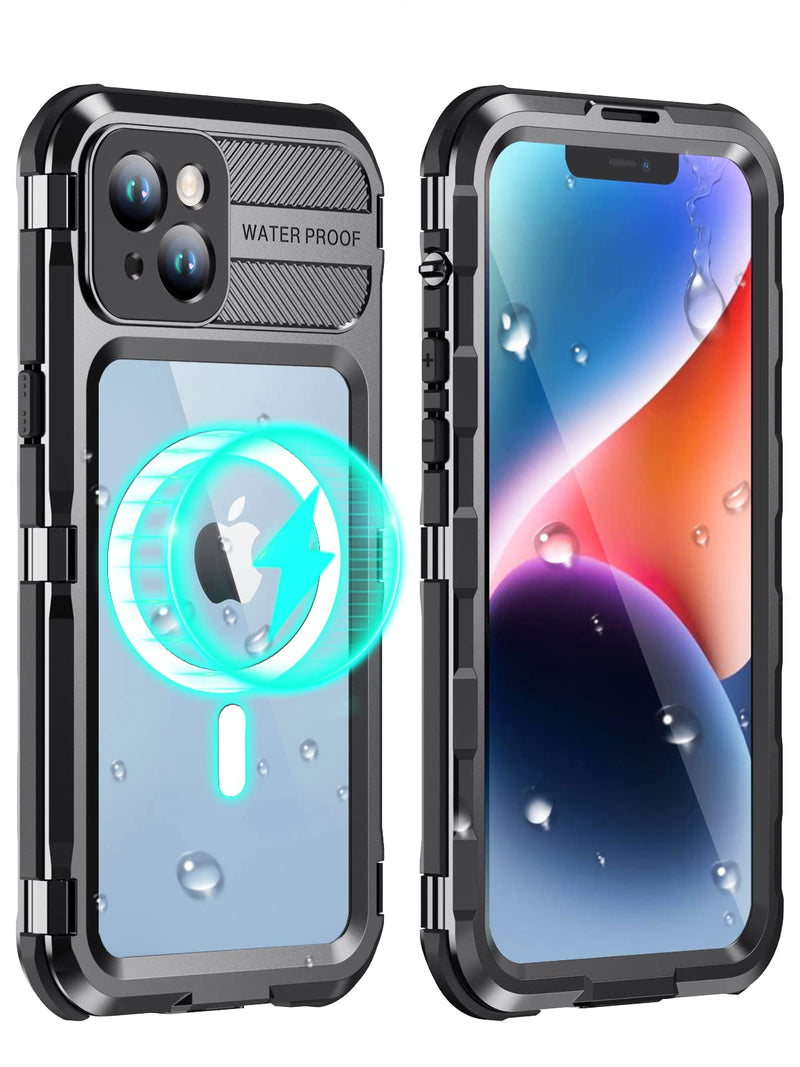 WIFORT for iPhone 14 Waterproof Case - Metal Full Body Protection Case Built-in [Screen Protector][IP68 Water Proof][14FT Military Grade Dropproof][Compatible with MagSafe] Phone Cover, 6.1" Black