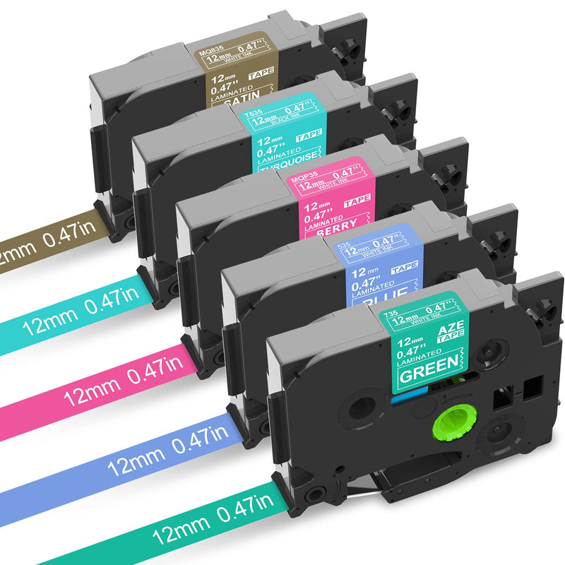 TZ 12mm 0.47 PT-D210 Color Tape Replacement for Brother P-Touch Label Maker Tape TZe White on Color Ribbon Compatible with Brother Ptouch PT-D200 D210 D220 PT-H100 H110 D400 Cube, 5 Pack Turquoise/Berry Pink/Blue/Green/Satin Gold