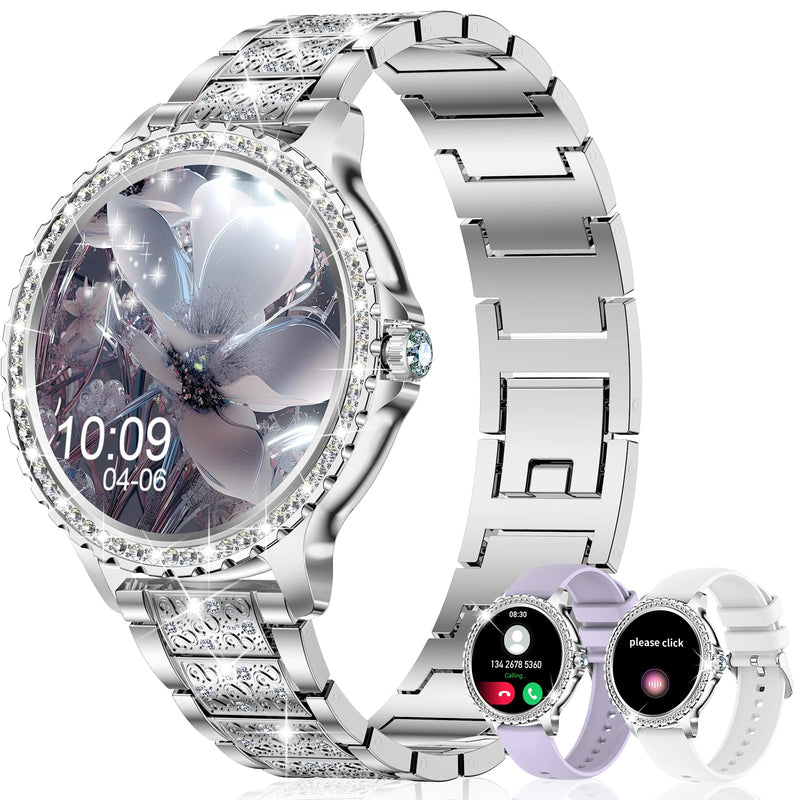 Smart Watch for Women with Diamonds (Answer/Make Call),1.32''Full Screen Smart Watch for Android /iOS,Fitness Tracker with Heart Rate/Blood Oxygen/Sleep Monitor/AI Voice Watches for Women,3 Straps Silver