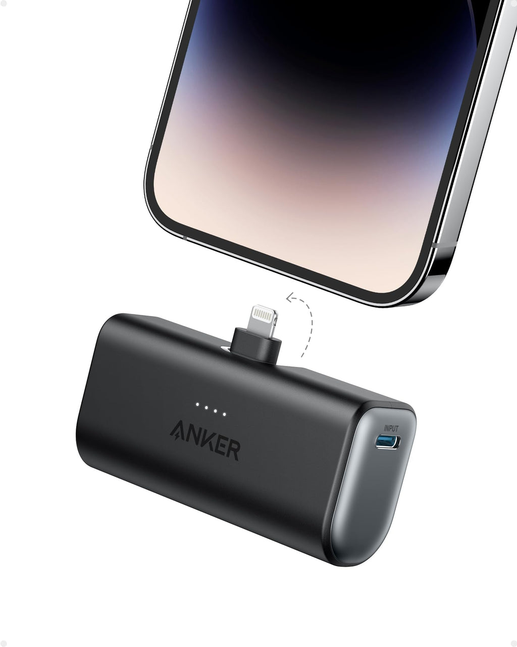 Anker Nano Portable Charger for iPhone, with Built-in MFi Certified Lightning Connector, Power Bank 5,000mAh 12W, Compatible with iPhone 14/14 Pro / 14 Plus, iPhone 13 and 12 Series (Black) Black