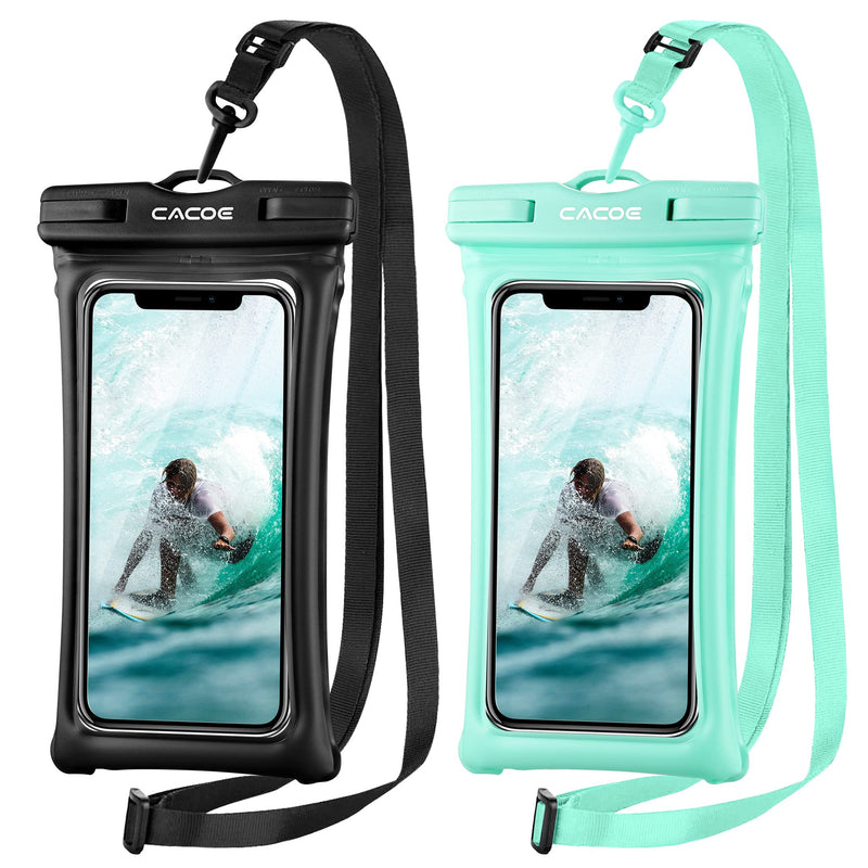 [Floatable]CACOE Floating Universal IPX8 Waterproof Phone case 2 Pack-Up to 7.0",Adjustable Neck Lanyard Phone Pouch,Phone Dry Bags for Vacation Beach Pool Kayak Cruise Travel Essentials（Black+Green） Black+Green Up to 7.0"-Floatable
