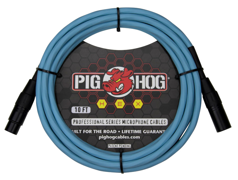 Pig Hog PHMH10DB Hex Series Mic Cable, Daphne Blue 10ft