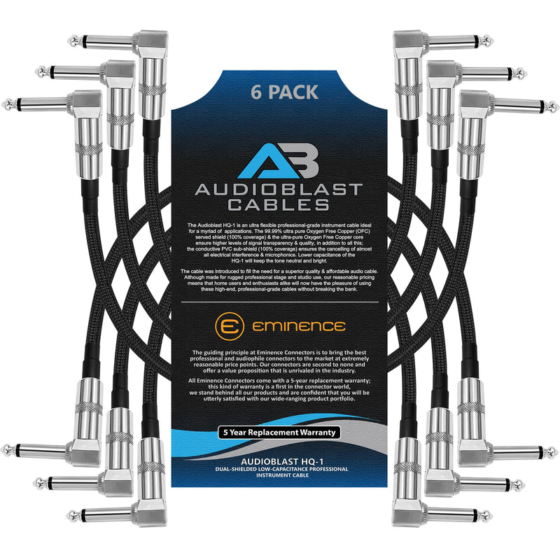 Audioblast - 6 Units - 6 Inch - HQ-1 Braid (Black) Flexible - Dual Shielded(100%)-Guitar Instrument Effects Pedal Patch Cable w/Eminence Right-Angled ¼ inch (6.35mm) TS Plugs & Double Staggered Boots