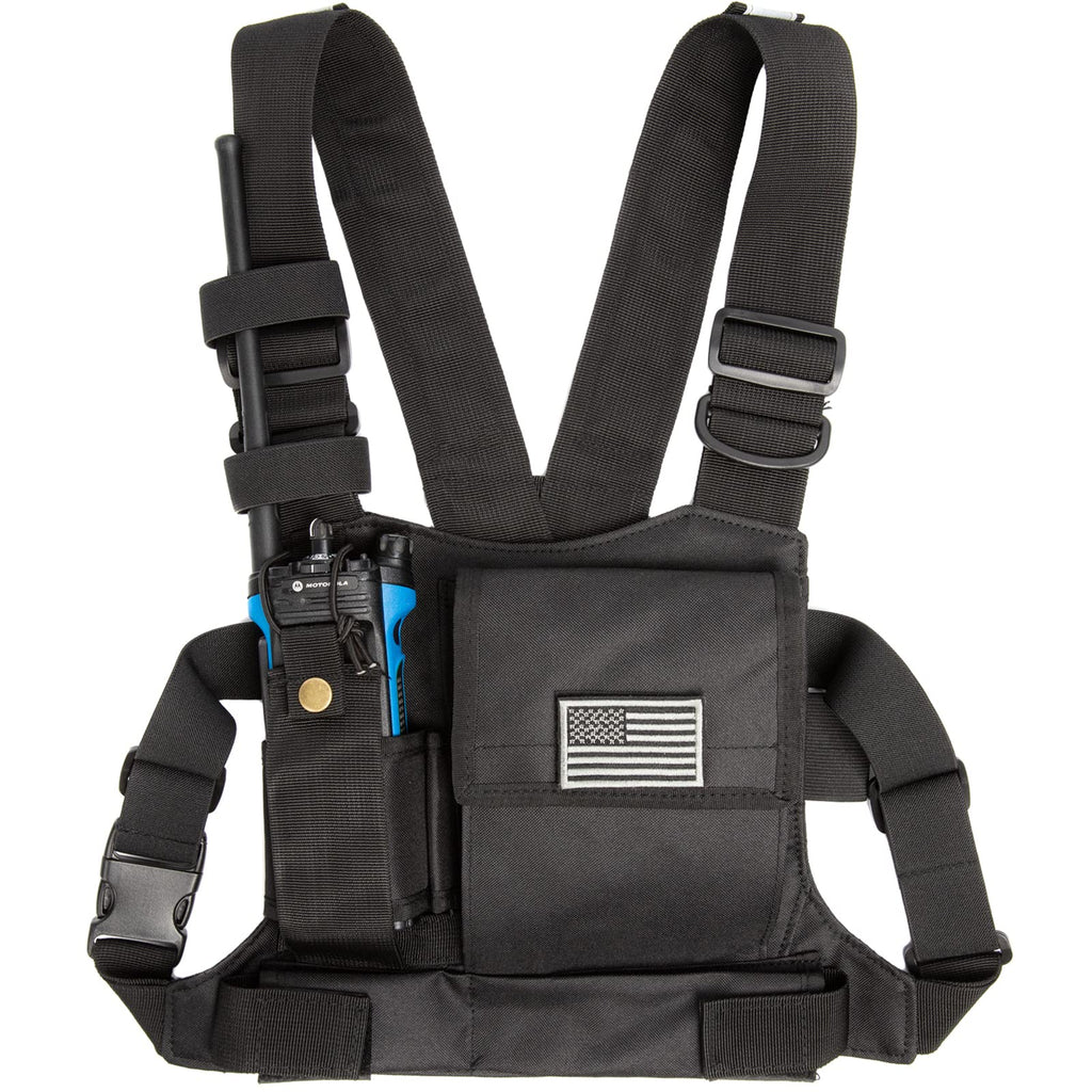 LUITON Radio Chest Harness with Reflective Strips Shoulder Holster Radio Vest Holder Two Way Radio Vest Rig Walkie Talkie Case with Front Pack Pouch for Motorola/Midland/Kenwood/Baofeng/Retevis 22165 Black