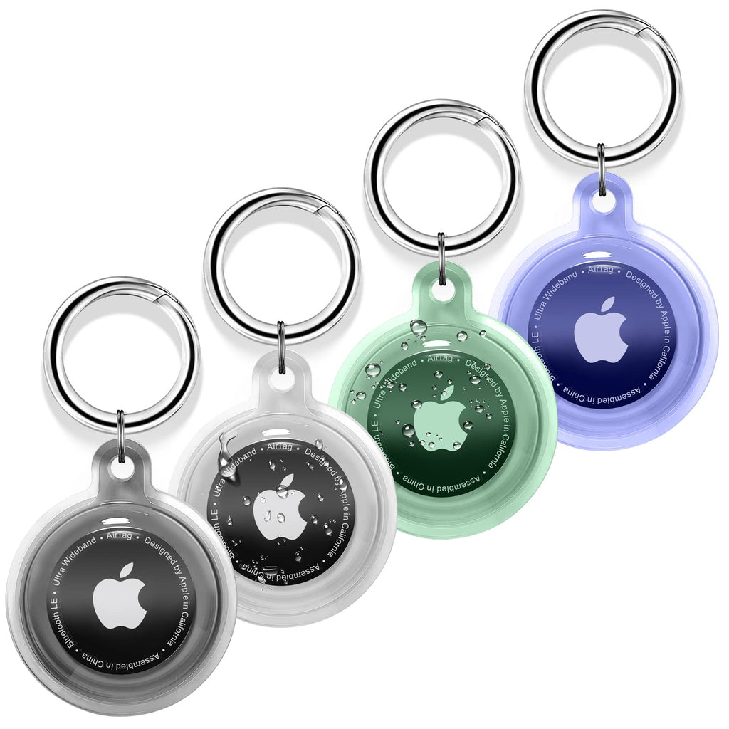 4 Pack Airtag Holder, Airtag case Waterproof Apple Air Tag Case with Keychain, Shockproof & Dustproof Airtag Holders for Pet Tracking, Bags, Kids, Keys, Luggage（4 Colors） Black/Clear/Green/Purple