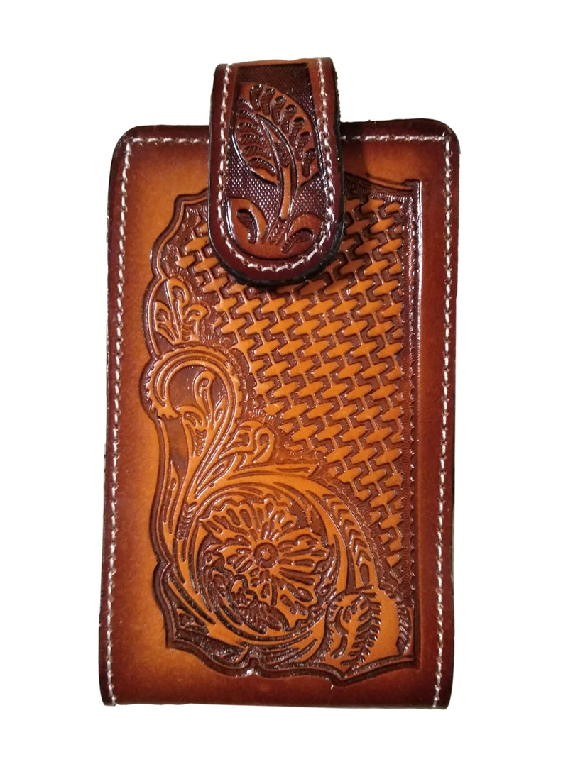 Western autentic Leather Mexican Cell Phone case for Belt with Magnetic Closure. Universal Size (Orange) Orange