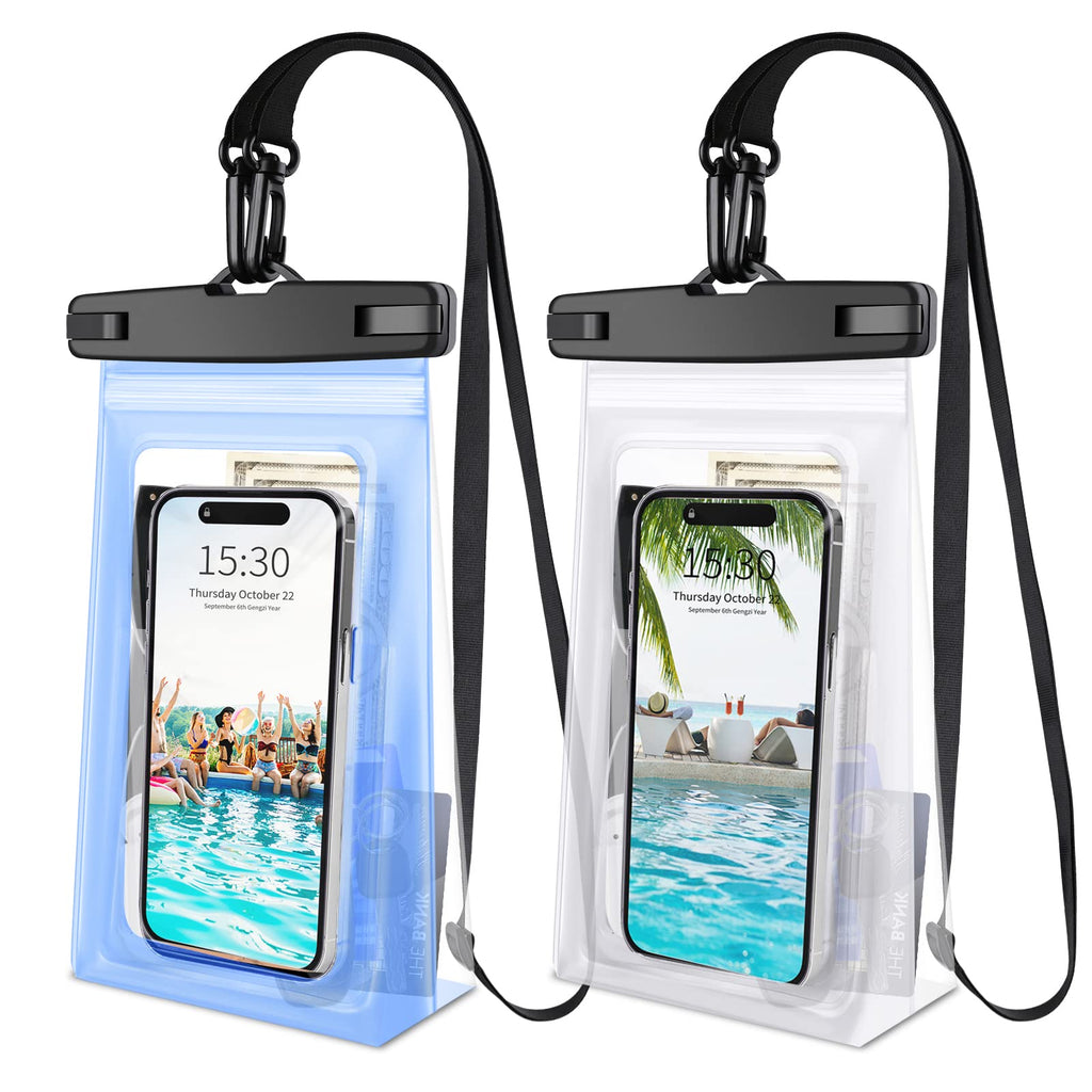 2pcs Large Waterproof Phone Pouch Floating, IPX8 Waterproof Phone Bag Case for iPhone 15 14 Plus 13 Pro Max 12 11 8 Samsung Up to 7.2'', Water Proof Protector Dry Bag for Swimming Beach Vacation White & Clear Blue