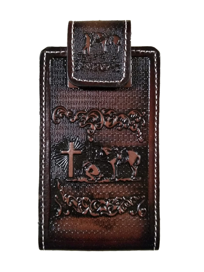 Western autentic Tooled Leather Mexican Cell Phone case for Belt. Men and Horse Pray Design. with Magnetic Closure. Universal Size (Brown) brown