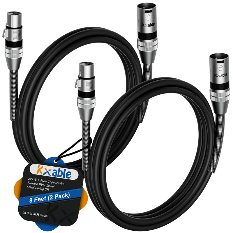 [AUSTRALIA] - XLR Cable 8 Feet (2 Pack), 22AWG, Zinc Alloy Shells, XLR Male to Female Heavy Duty Cable, 3 Pin Balanced Shielded Microphone Cord, Durable & Flexible Patch XLR Cable, Metal Spring SR-Black 8FT 2-Pack 