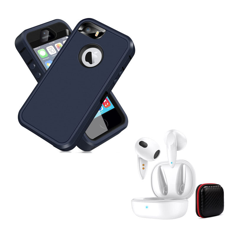 Heavy Duty Shockproof Cases for iPhone 5 5S SE 2016 and Bluetooth 5.1 Wireless Headphones for Android iPhone White