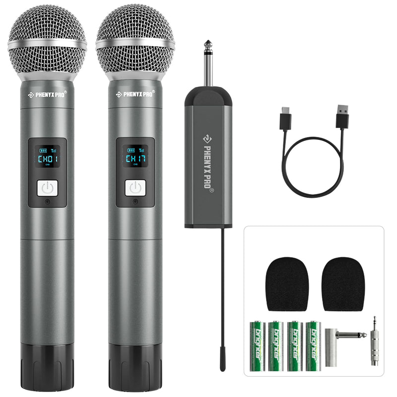 Phenyx Pro Dual Digital Wireless Microphone System, w/2 Handheld Dynamic Microphones,15 UHF Frequency Groups, Mini Receiver, Metal Cordless Mic for Karaoke,Church,DJ,Singing (PDP-2-2H) PDP-2