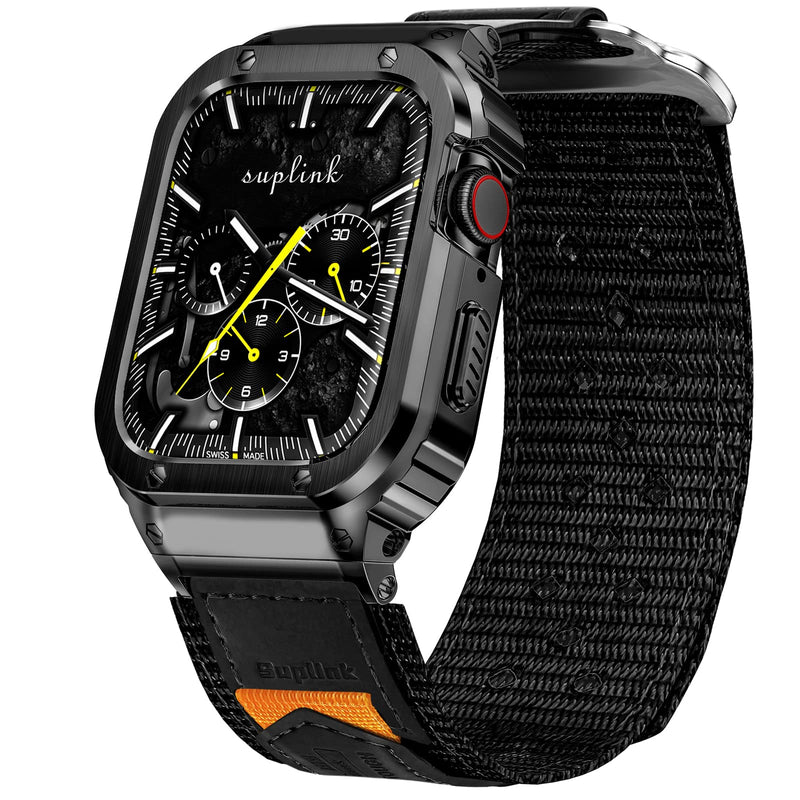 SUPLINK Stainless Steel Case&Nylon Band Compatible with Apple Watch Band 38mm 40mm 41mm 42mm 44mm 45mm 46mm 49mm,Rugged Metal Cover Adjustable Strap for iWatch Series 10 9 8 7 6 5 4 3 2 1 SE Ultra Men Black Large-42/44mm(series SE/6/5/4/3/2/1)