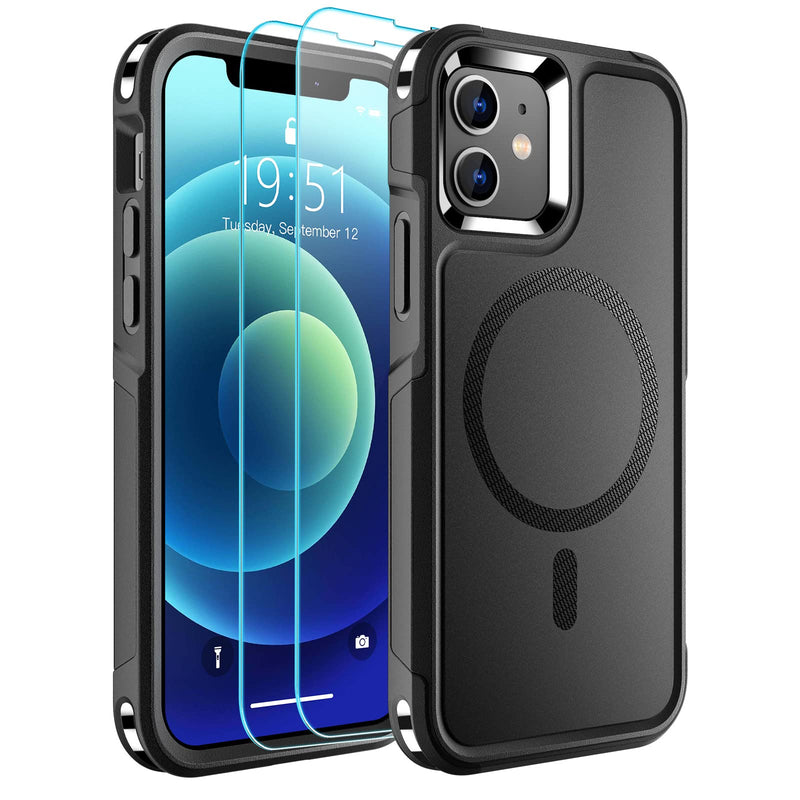 SUPFINE Magnetic for iPhone 12 Case/iPhone 12 Pro Case, [Compatible with MagSafe] [10 FT Military Grade Drop Protection] 2X [Tempered Glass Screen Protector] Phone Case for iPhone 12/12 Pro, Black