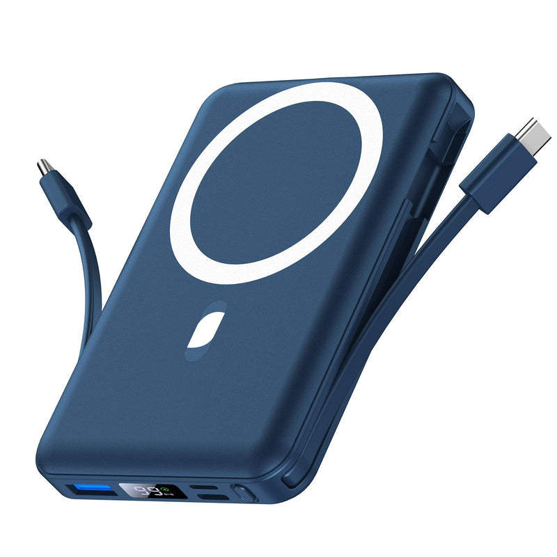 Yiisonger for Magsafe Battery Pack - 10000mAh Portable Charger for Mag-Safe 22.5W PD Fast Charging with Built-in Cables LED Display, Magnetic Power Bank for iPhone 16/15/14/13/12/Pro/Mini/Pro Max Blue