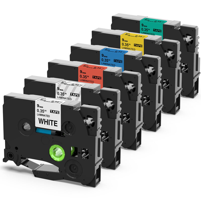 [AUSTRALIA] - Labelife 6-Pack 9mm Label Tape Replacement for Brother P Touch TZe TZ Tape 9mm 0.35 Laminated Color Label Tape for Brother Ptouch Label Maker PT-D210 PT-D220 PT-D200 PT-H110 PT-D400 PT-1880, 3/8 Inch 9mm 0.35 inch 