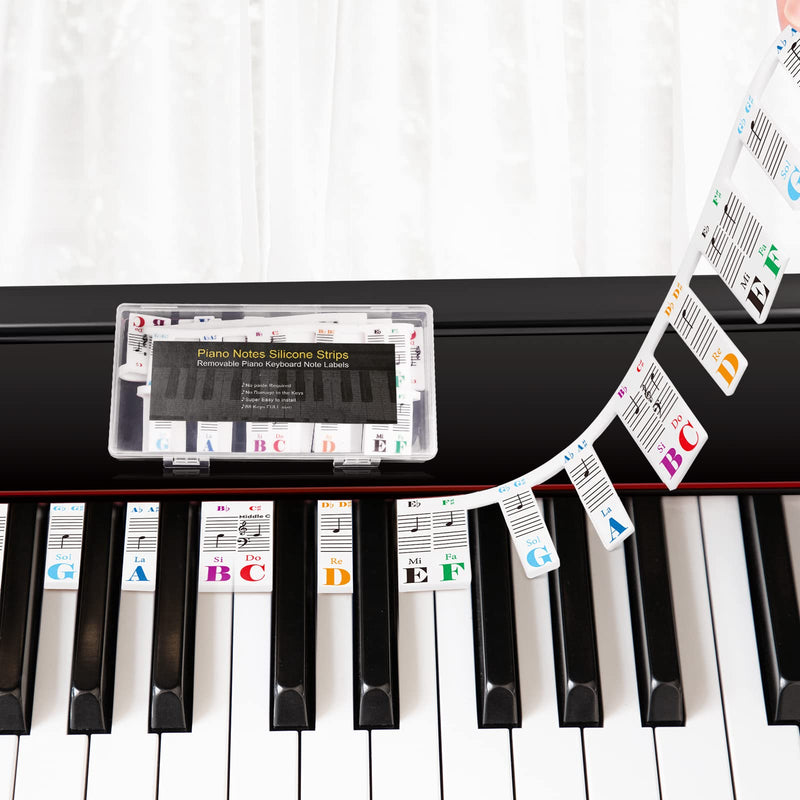 Removable Piano Keyboard Note Labels Piano Keyboard Stickers for Beginner Silicone Piano Notes Guide for Learning, 88-Key Full Size, No Need Stickers, Reusable and Comes with Box（Colorful） Colorful