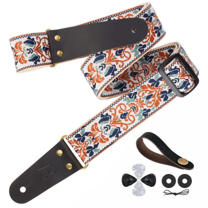 Nefelibata Guitar Strap, 2" Jacquard Embroidery Guitar Straps, Full Grain Leather Ends with Hidden Pocket, for Bass, Electric and Acoustic Guitars, Free Buckle, Strap Lock and Guitar Picks Golden Jacquard