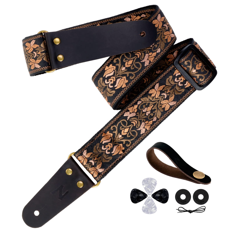 Nefelibata Guitar Strap, 2" Jacquard Embroidery Guitar Straps, Full Grain Leather Ends with Hidden Pocket, for Bass, Electric and Acoustic Guitars, Strap Button, Strap Locks and Guitar Picks Retro Gold Flowers