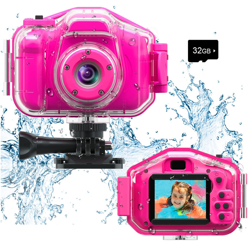 Agoigo Kids Waterproof Camera Toys for 3-12 Year Old Girls Christmas Birthday Gifts, Kids Underwater Sports Camera HD Children Digital Action Camera 2 Inch Screen with 32GB Card (Rose Red) Rose Red
