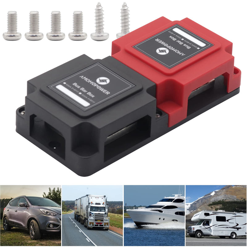 400 Amp Bus Bar Box Copper Heavy-Duty Module with 8 x 3/8" (M10) Studs Terminals Battery Distribution Block DC 48V Black Red Enclosure Cover (Distribution Block)