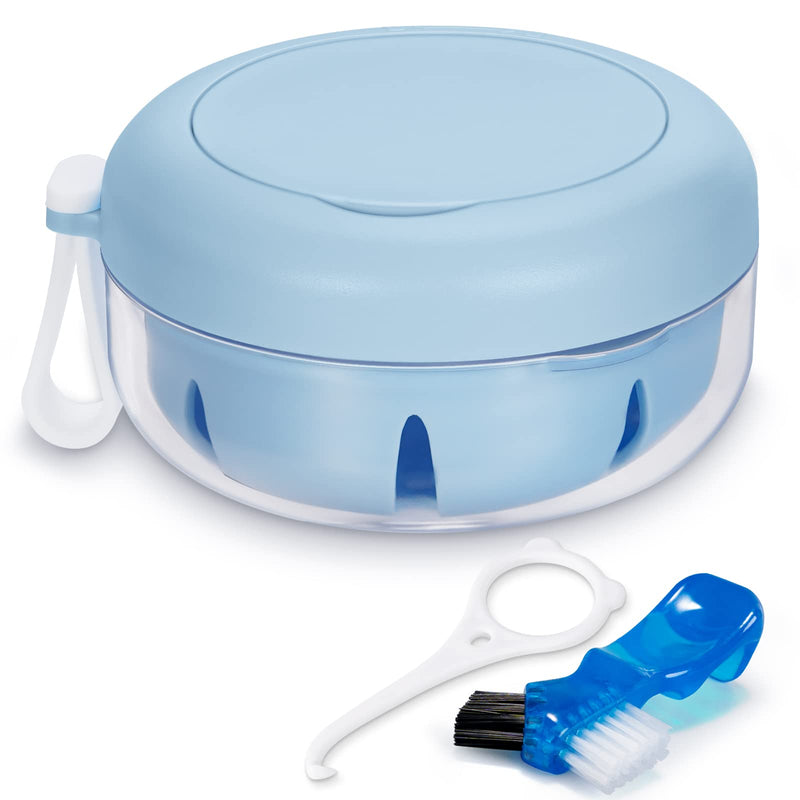 Leak Proof Denture Cup Kit Portable Retainer Case Perfect for Travel, Denture Case Container Cleaning Care for Dentures Aligner Mouth Guard with Denture Brush,Strainer, Removal Tool and Mirror Blue