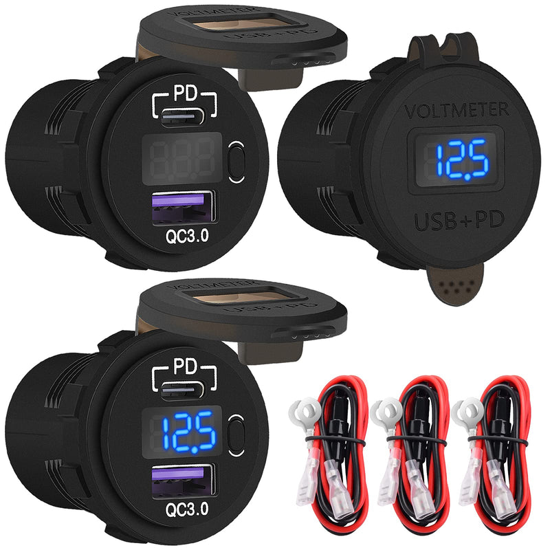 DaierTek 3 pcs Lighted Car Cigarette Lighter Socket and 3 pcs PD Type C USB Charger Socket