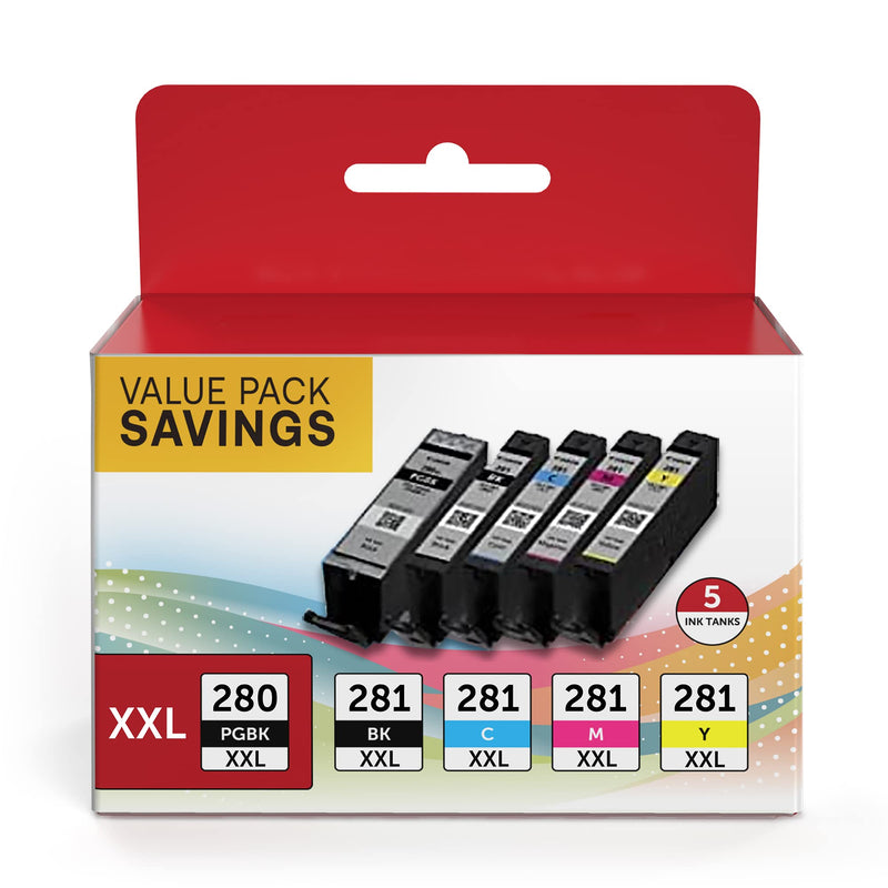 PGI-280 XXL/CLI-281 XXL Ink Cartridge 5 Color Value Pack Replacement for Canon 280 281 Ink Cartridges Compatible with Printer PIXMA TR8520 TR8620 TR7520 TR8600 TS6120 TS6220 TS9120