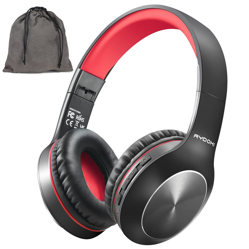 Rydohi Bluetooth Headphones Over Ear,68H Playtime and 3 EQ Music Modes Wireless Headphones with Microphone/Deep Bass, HiFi Stereo Foldable Lightweight Headset for PC Home Travel Office (Black Red) Black Red