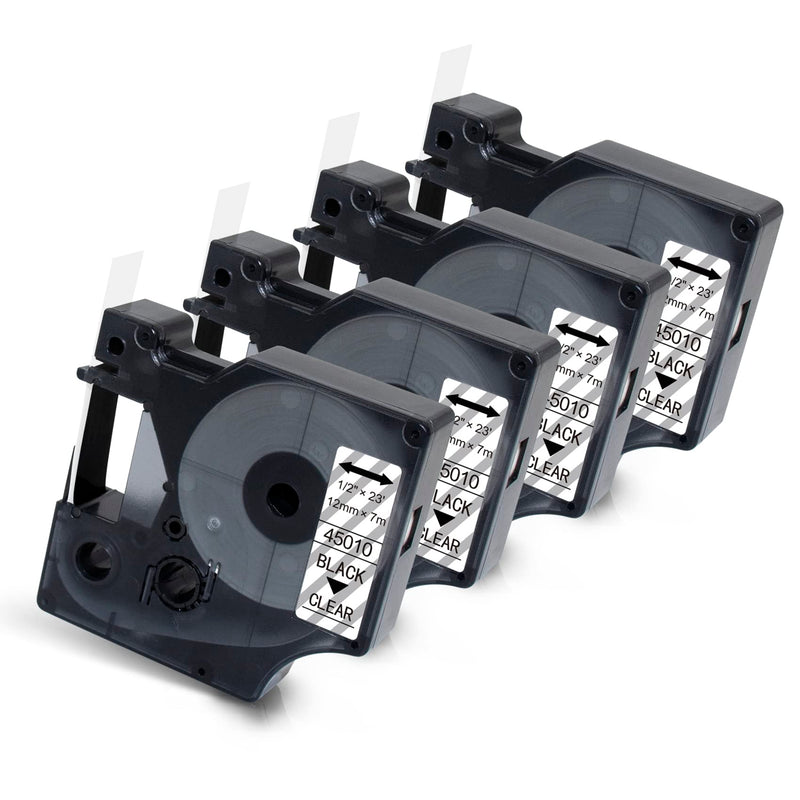 D1 Label 45010 Replacement for Dymo D1 Label Tape Refill 45010 S0720500, 1/2 in x 23 Ft Black on Clear Label Maker Tape for LabelManager 160 210D 260P 450D, 4 Packs Black on Clear-4p