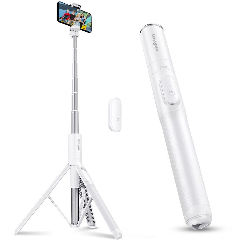 Sensyne 60" Phone Tripod & Selfie Stick, Lightweight All in One Phone Tripod Integrated with Wireless Remote Compatible with All Cell Phones for Selfie/Video Recording/Photo/Live Stream/Vlog (White)